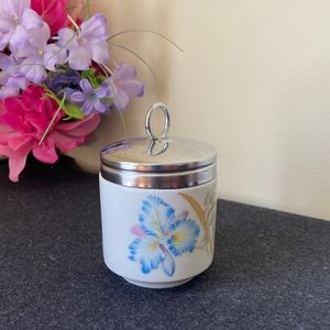 Vintage porcelain Egg Coddler Jar Silver Lid Made in Japan Floral motif.